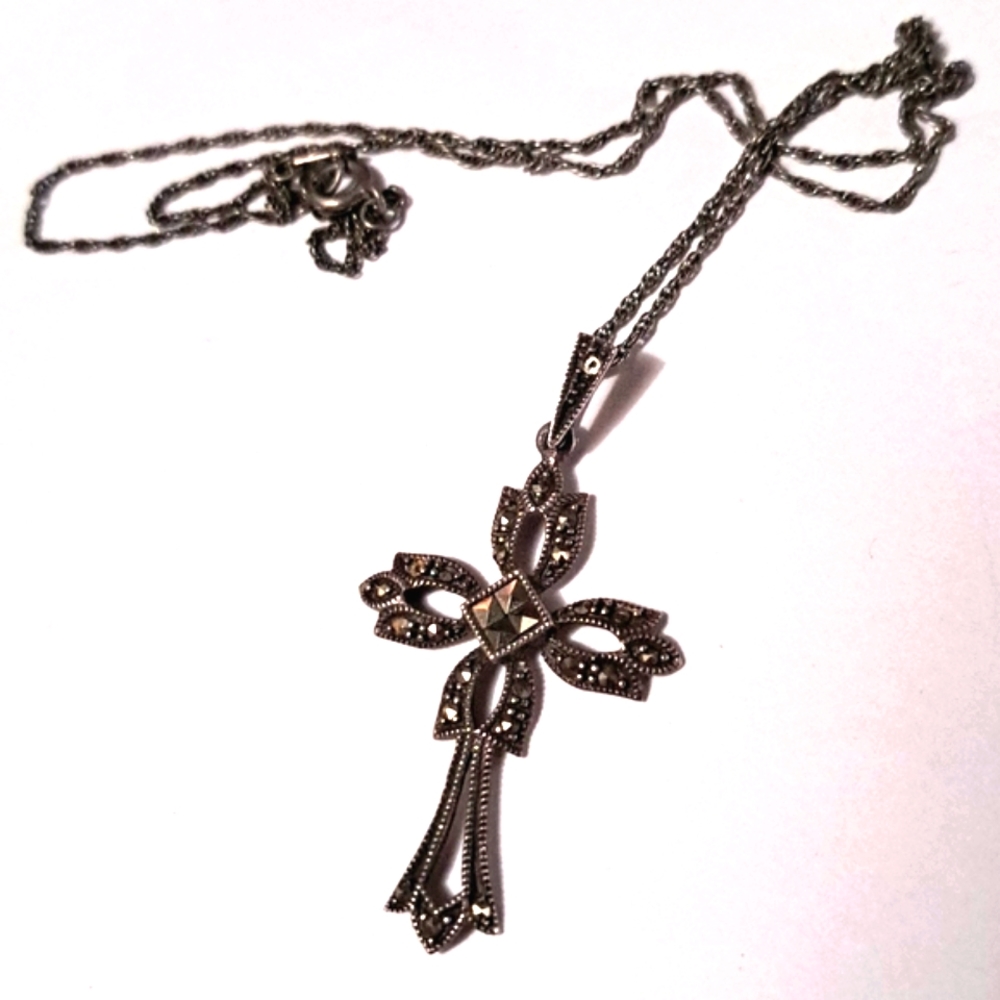 Vintage Marcasite Cross Pendant Necklace in Sterling Silver